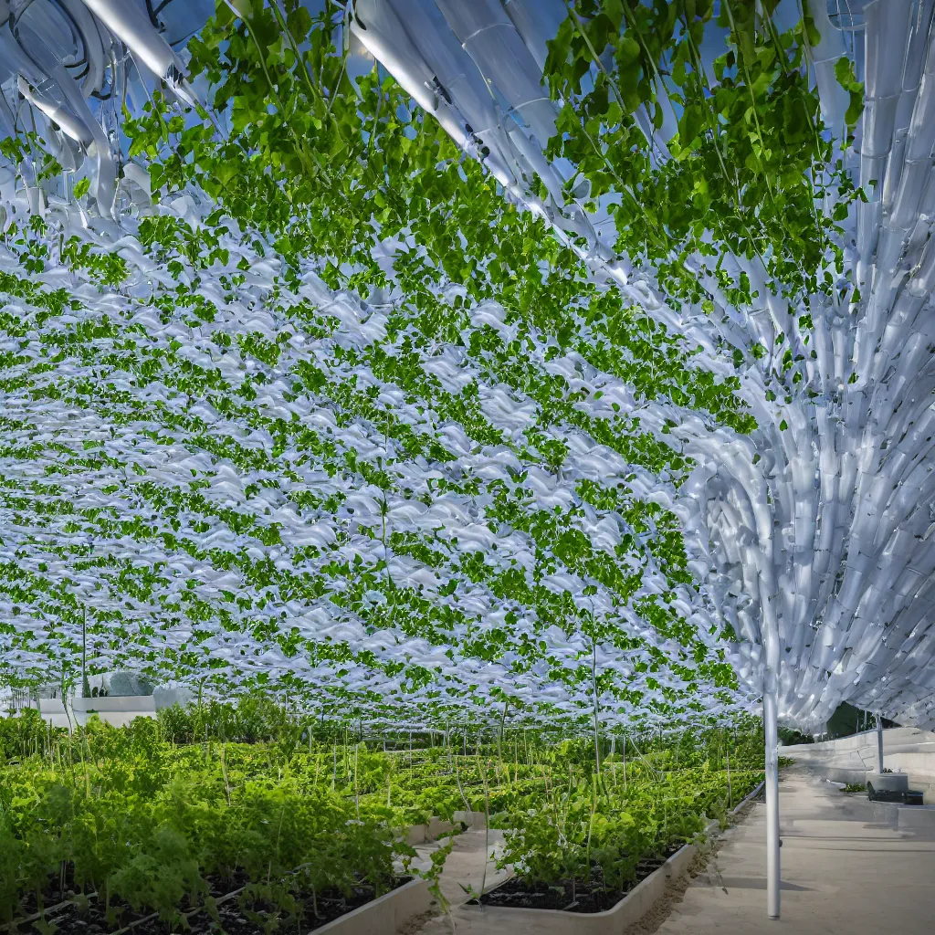 Prompt: zaha hadid windtrap shaped atmospheric water collector, irrigation system in the background, racks of vegetables growing, in the middle of the desert, with a miniature indoor lake, XF IQ4, 150MP, 50mm, F1.4, ISO 200, 1/160s, natural light at sunset with outdoor led strip lighting