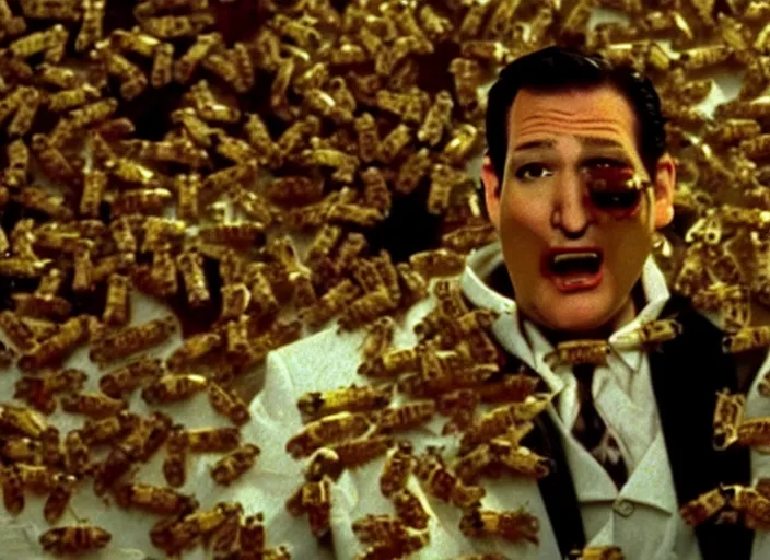 Image similar to film still of ted cruz as the candyman with bees coming out of his mouth in candyman 1 9 9 2