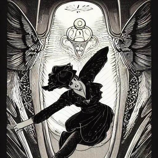 Image similar to precisely drawn illustration o flying harpy, old-fashioned tarot card, victorian playing card, sepia tone, wide angle, sharp, fine details, French comic style, cyberpunk, intense line art, 8k, precise linework, realistic, shaded lighting by katsuhiro otomo ghost-in-the-shell, magali villeneuve, artgerm, rutkowski Jeremy Lipkin and Giuseppe Dangelico Pino and Michael Garmash and Rob Rey and Moebius