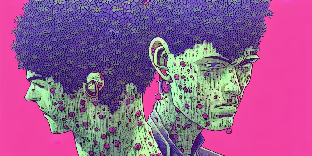 Image similar to risograph grainy drawing futuristic sci - fi antagonist face wearing earrings, photorealistic colors, face covered with plants and flowers, by moebius and satoshi kon and dirk dzimirsky close - up portrait, hyperrealistic