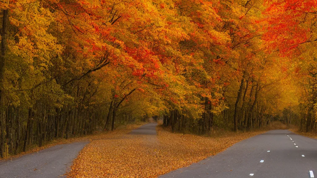 Image similar to a photograph of a country road lined on both sides by maple and poplar trees, in the autumn, red orange and yellow leaves, some leaves have fallen and are under the trees and on the road