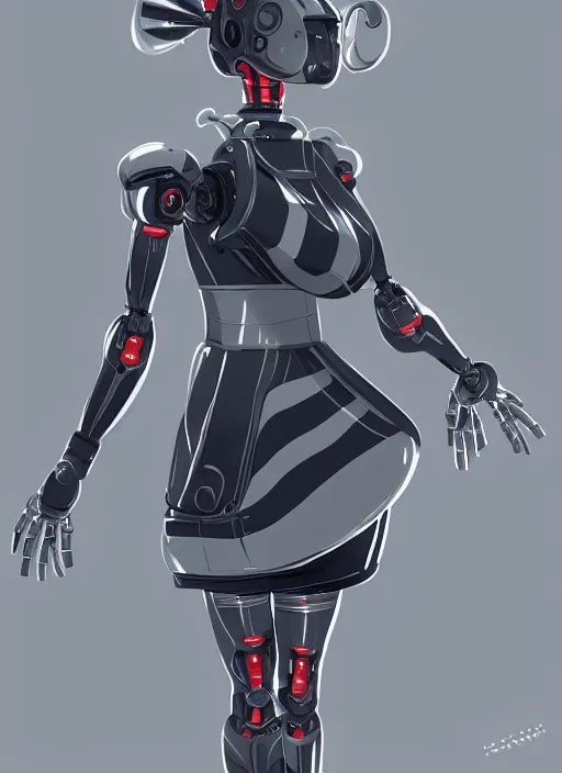 Prompt: a robot wearing a maid dress, striped thigh high, full body shot, highly detailed, digital painting, artstation, concept art, smooth, sharp focus, illustration