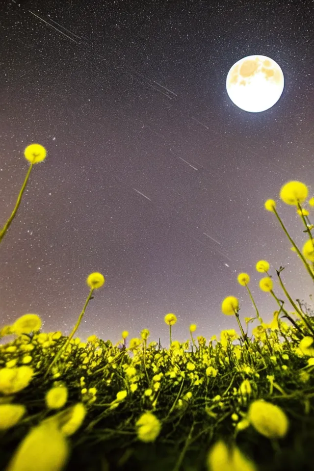 Prompt: low angle, shot from below. two very large moons in night sky. milky way in the night sky. meteor shower. field of big frozen yellow flowers. f 1. 8 lens, lens flare, bokeh. high detail