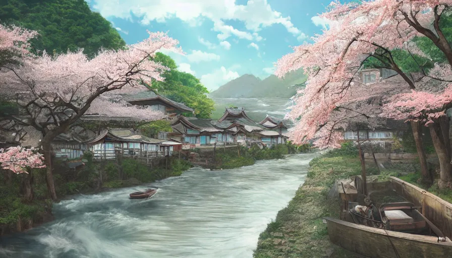 Prompt: japanese village with river, cherry blossoms, rustic houses, manga, hyperdetailed, artstation, cgsociety, 8 k