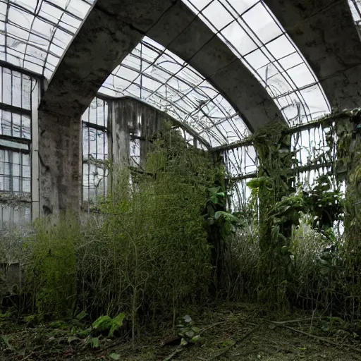 Prompt: an abandoned building, overgrown plants, dreamy, overcast, by hans bellmer