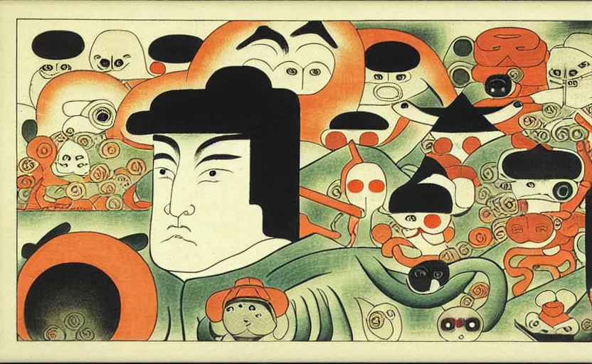 Image similar to business dashboard with time series charts, pie plots and other modern graphics, with small creatures with many eyes. diego rivera ( with slight ukiyo - e influence ). ravi supa.