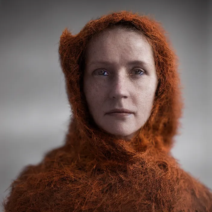 Prompt: closeup portrait of a woman wrapped in copper fiber, standing in skaftafell ice cave in iceland, color photograph, by vincent desiderio, canon eos c 3 0 0, ƒ 1. 8, 3 5 mm, 8 k, medium - format print