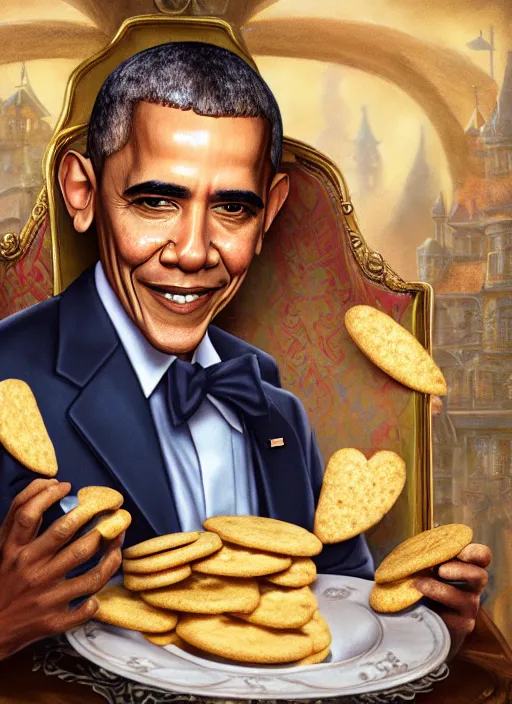 Image similar to highly detailed closeup portrait of obama as a fairytale medieval prince eating cookies, unreal engine, nicoletta ceccoli, mark ryden, lostfish, earl norem, global illumination, god rays, detailed and intricate environment