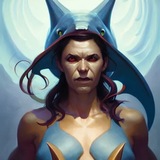 Prompt: a portrait of a powerful humanoid shark - woman, by mandy jurgens and pete mohrbacher and and greg rutkowski, detailed facial features, fantasy, d & d, key art