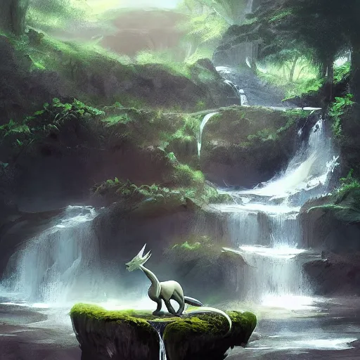 Image similar to beautiful photoshop commission of a slender dragon relaxing by a waterfall, digital painting, artstation, art by Jaime Jones