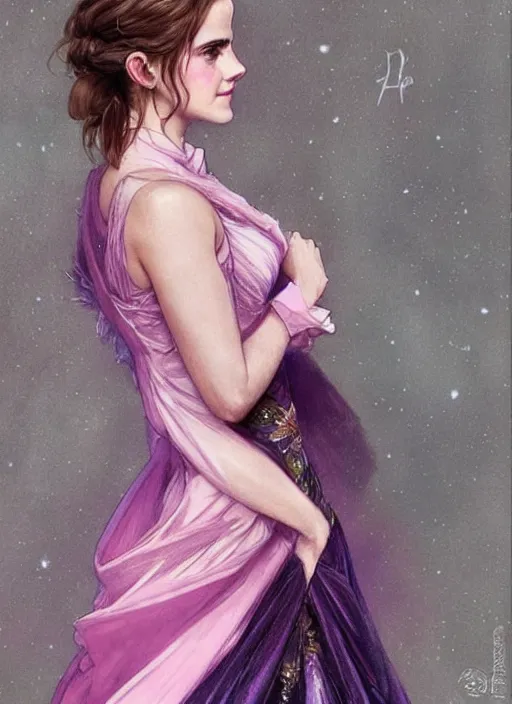 Image similar to emma watson at the yule ball wearing revealing elegant pink and purple dress with flounces. beautiful detailed face. by artgerm and greg rutkowski and alphonse mucha