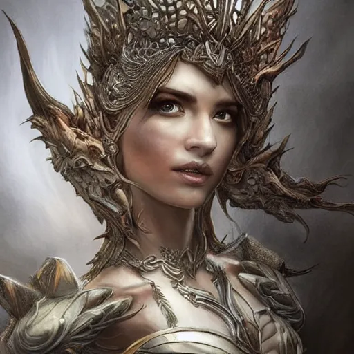 Prompt: portrait of the dragon queen by artgerm, Dragon in dragon lair, HD, full body dragon concept, flying dragon, Human body with dragon features, beautiful queen, perfect face, fantasy, intricate, elegant, highly detailed, digital painting, artstation, concept art, smooth, sharp focus, illustration, ray tracing, 4k realistic 3d rendered portrait, soft shading, soft colors, relaxed colors, hyperdetailed, wide angle lens, fantasy, futuristic horror, armor style of giger