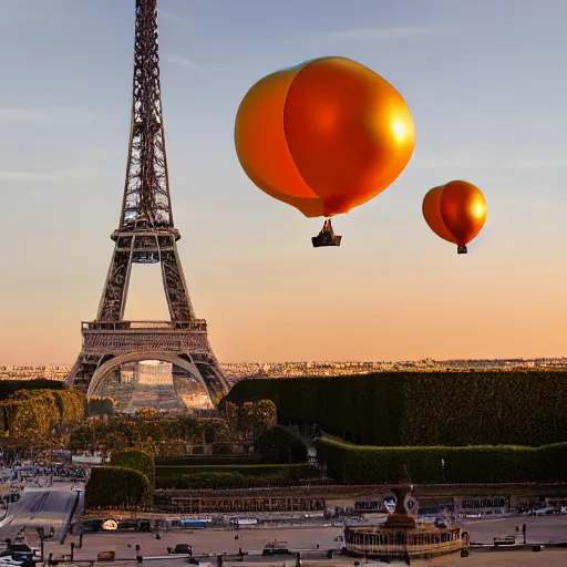 Image similar to range rover car in the shape of a balloon flying in front of the eiffel tower, photo realistic, golden hour