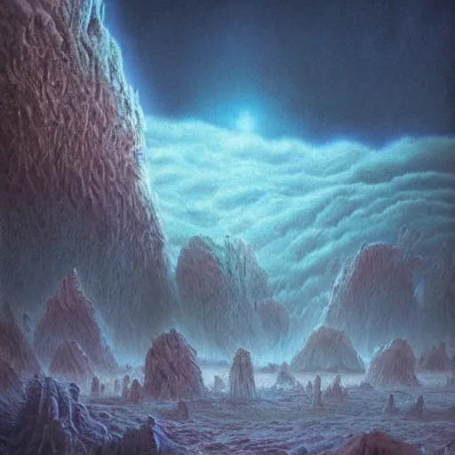 Prompt: artistic digital artwork of an epic scene on an alien planet. beautiful landscape by vincent bons, michael whelan, remedios varo and gerardo dottori. grainy and rough. interesting pastel colour palette. beautiful light. oil and water colour based on high quality render.