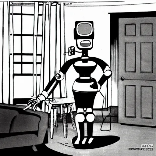 Image similar to fifties robot helps clean the house, domestic android, googie aesthetics