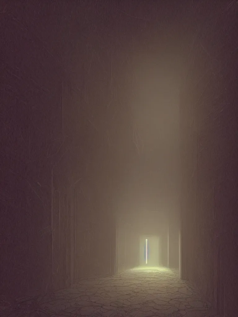 Prompt: a dark hallway, at the end there is a mysterious door with in the style of simon stalenhag, golden ratio,