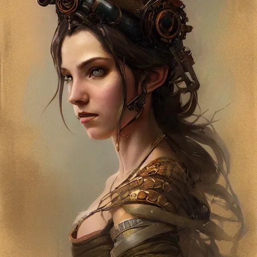 Prompt: a beautiful portrait of a steampunk goddess, a detailed painting by greg rutkowski and raymond swanland, featured on cgsociety, fantasy art, detailed painting, artstation hd, photorealistic