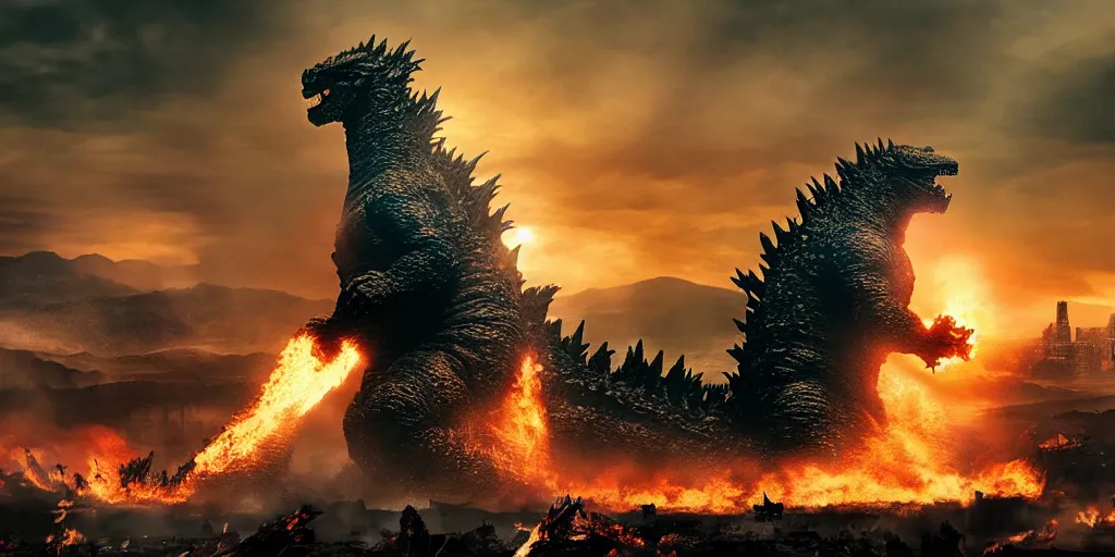 Image similar to photo of godzilla in a giant scale action movie battle, chaos and funny looking fases and body poses, debries, rubble, fire, special effects