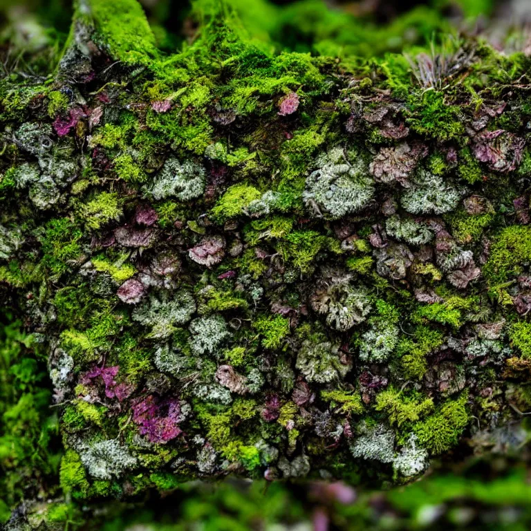 Image similar to a drawn picture lichens and moss close-up various fungus, mushrooms and plants, Atmospheric phenomenon, artistic photography, muted colors, conceptual, long exposure outside the city