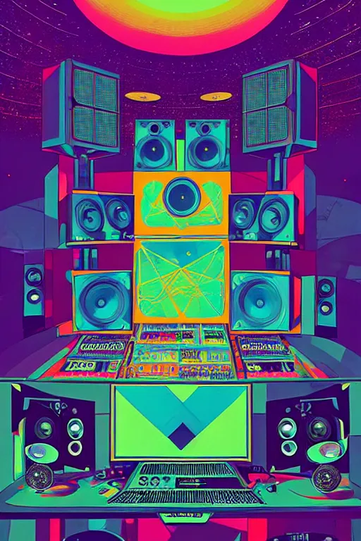 Image similar to giant speaker system and music recording studio inside the international space station filled to the brim with electronic equipment and modular synthesizers, poster art by victo ngai, ori toor, kilian eng behance contest winner, crystal cubism, poster art, cubism, tarot card, psychedelic art, concert poster, poster art, maximalist