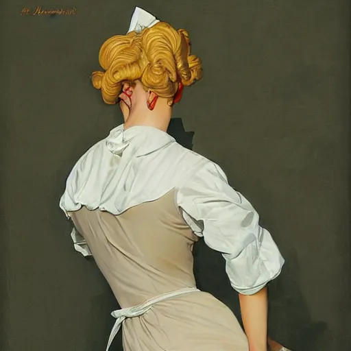 Prompt: Painting of lucius as a French maid, blond drill curls, androgynous prince, pale porcelain skin, by Leyendecker and Norman Rockwell
