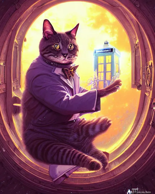 Image similar to anthropomorphic art of a timelord cat inside tardis, victorian inspired clothing by artgerm, victo ngai, ryohei hase, artstation. fractal papersand books. highly detailed digital painting, smooth, global illumination, fantasy art by greg rutkowsky, karl spitzweg, doctor who