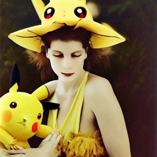 Image similar to elegant woman dressed up as pikachu, art photo by Annie Liebovitz and David Hamilton and Alphonse Mucha