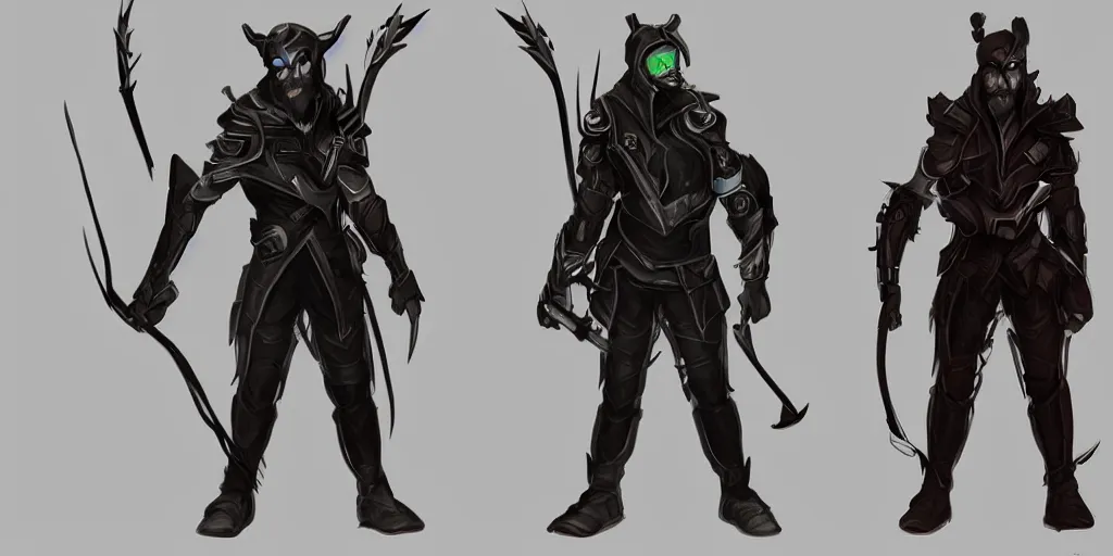 Prompt: character concept art for a dark cyber-archer