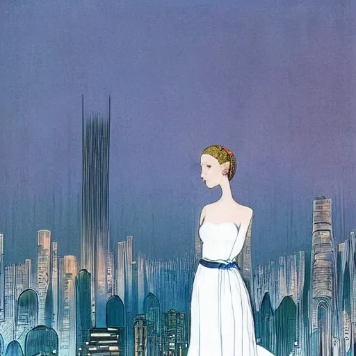 Prompt: A beautiful digital art of a young woman with big blue eyes. She has long lashes and a small mouth. Her hair is pulled back in a bun with a few stray hairs falling down. She's wearing a white dress with a blue sash and a blue scarf around her neck. In the background is a cityscape with tall buildings. by Kay Nielsen bold