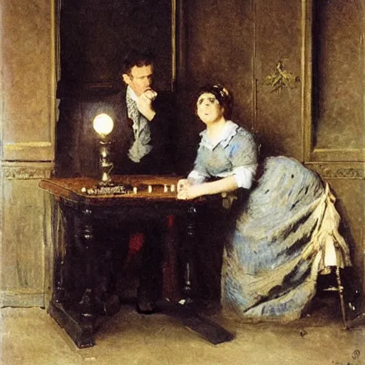 Image similar to a man and a woman solving an escape room puzzle alfred stevens