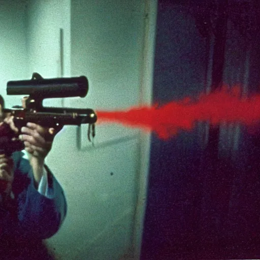 Prompt: filmic extreme realistic wide shot dutch angle movie still 35mm film color photograph of a doctor getting his head blown off by a double barreled shotgun, brain matter and blood splattering, in the style of a crime thriller horror film