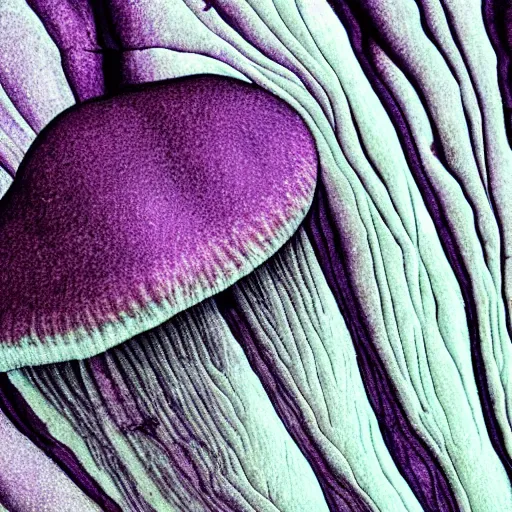 Image similar to a mushroom's gills from the bottom that is purple and grey with intricate microscopic view of patterns ; maximum realism ; maximum detailed close - up ; dramatic lighting