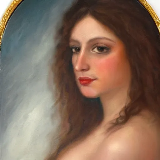 Prompt: oil painting of princess Vulvine, Hungarian, curly dark hair, fair skin, dark ominous, blurred background by Apelles of Kos, concept art, master, realism, romantism