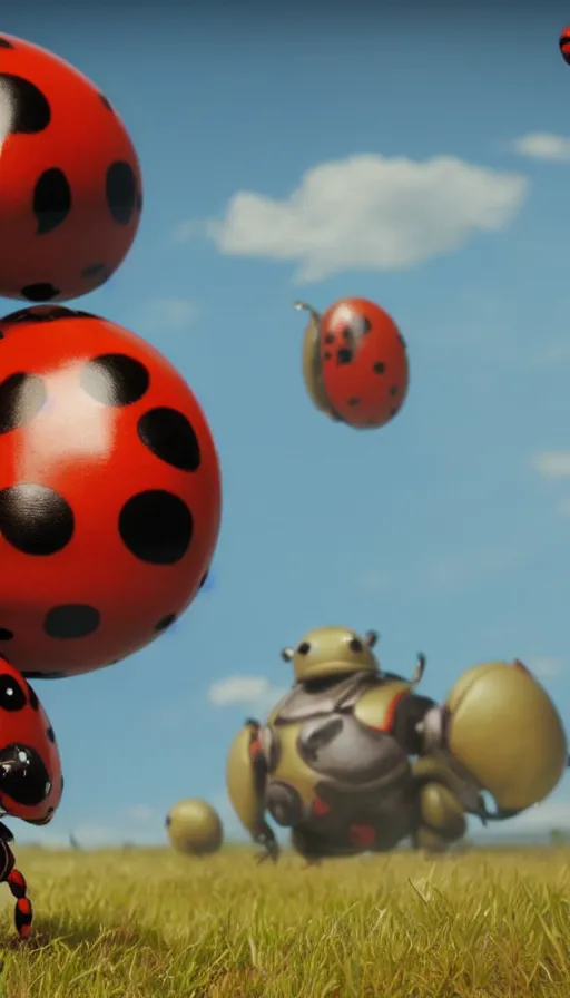 Image similar to muscular ladybug standing up, giant ladybug, cinematic shot, sunny field, epic character portrait, character art by Greg Rutkowski, HD digital render, 4k