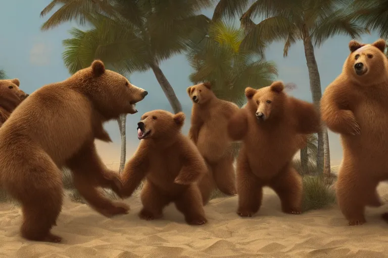 Prompt: Bears dancing at a party at the beach, cinematic, atmospheric, 8k resolution, ArtStation, Hyperrealistic