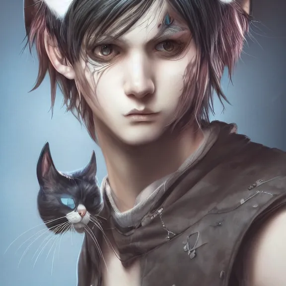 Prompt: emo boy with cat ears and tail, fantasy artwork, award winning, hyper detailed, very very very beautiful!, studio lighting, artstation