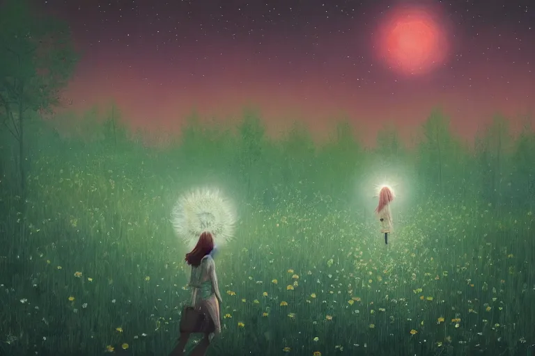 Image similar to large daisy flower over head, girl walking in forest, surreal photography, dark night, stars, moon light, impressionist painting, clouds, digital painting, artstation, simon stalenhag