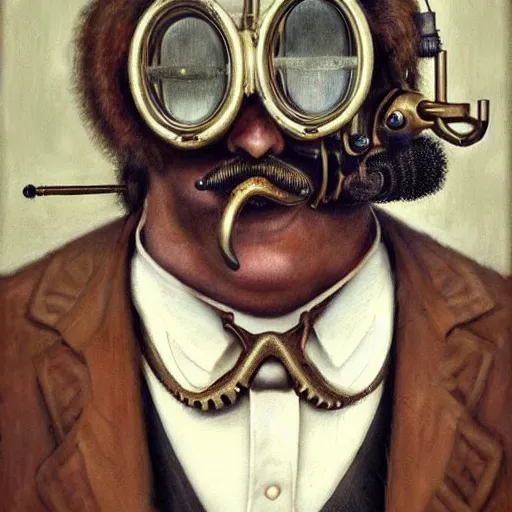 Prompt: a hyperrealistic painting of a steampunk victorian villain, brass goggles, handlebar moustache, tattered suit, by john kenn mortensen, highly detailed,