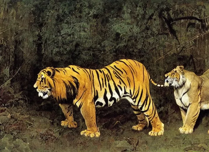 Prompt: a lion and a tiger in a forest by frank frazetta