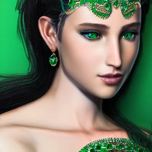 Image similar to portrait of wonderful princess of emeralds with fair skin, ornate, 8 k, gorgeous, intricate, detailed, accent lighting, ethereal lighting, hyper realism, octane render