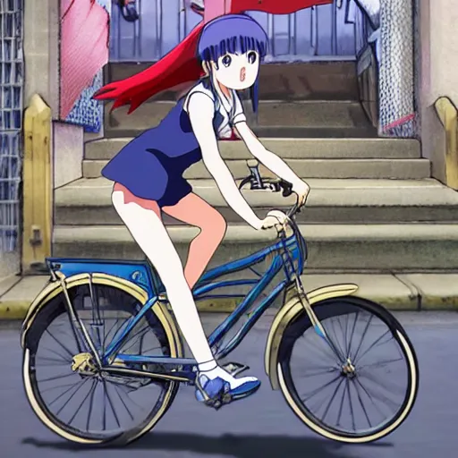 Image similar to anime girl riding bicycle in highly detailed akihabara, studio ghibli style, by hayao miyazaki, sharp focus, highly detailed, 4k