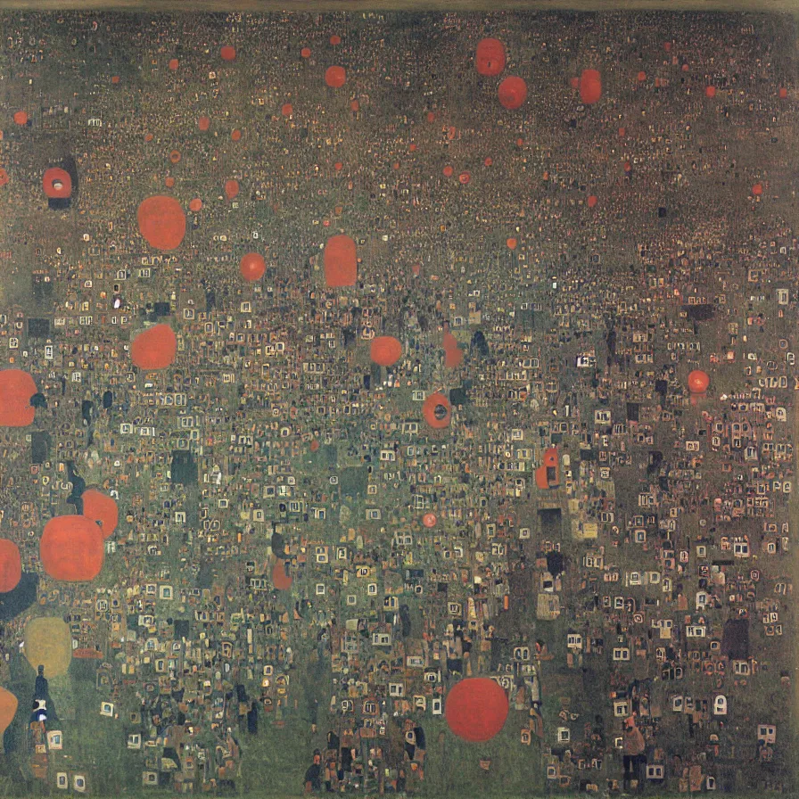 Prompt: “a large group of people wearing gas masks a running up a hill chasing a large red sphere . In the background we see large smokestacks spewing smoke. a painting by gustav klimt ”