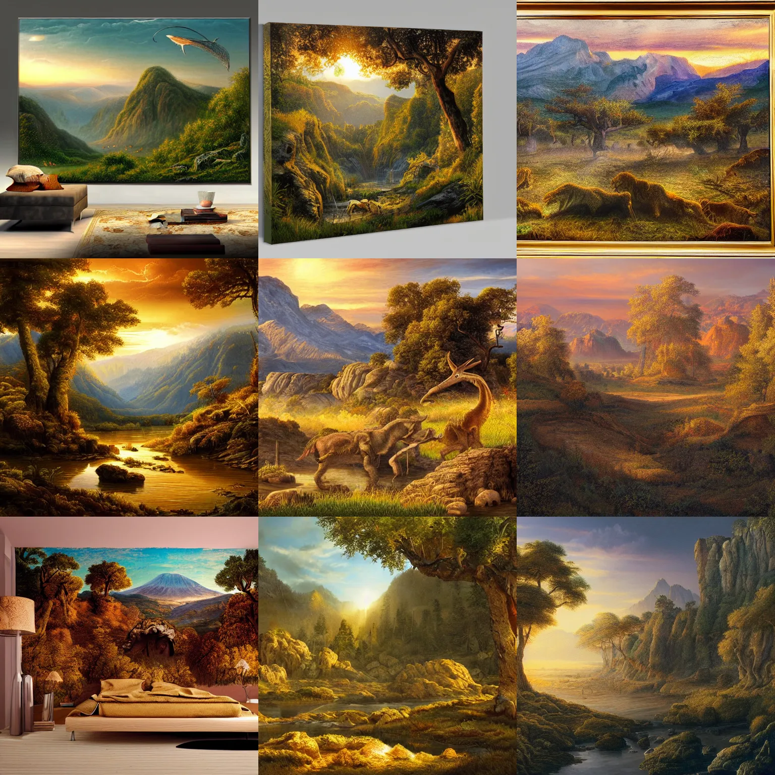 Prompt: a masterpiece hyper realistic prehistoric landscape, golden hour