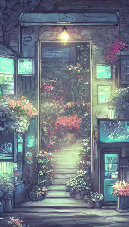 Prompt: a little flower shop's front gate, nostalgic, fresh digital illustrati on, dramatic lighting, pixiv