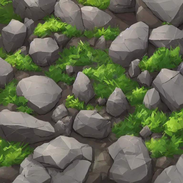 Prompt: a bunch of rocks with plants growing out of them, concept art by senior environment artist, polycount, plein air, 2 d game art, low poly