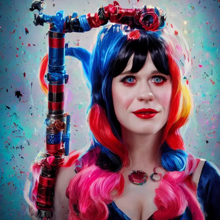 Image similar to portrait of Zooey Deschanel as a harley quinn. intricate abstract. intricate artwork. by Tooth Wu, wlop, beeple, dan mumford. octane render, trending on artstation, greg rutkowski very coherent symmetrical artwork. cinematic, hyper realism, high detail, octane render, 8k, iridescent accents