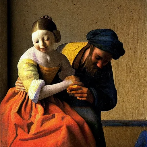 Image similar to a perfect painting, intricated detailed painting in the style of Johannes Vermeer, of a dream that I dreamt that we left all the pain and sorrows behind. We looked into our eyes as we placed our hands on each other’s chest, and all the love and happiness that had been dampened by our wounds emerged like a sprout. It felt like home. Our bodies were covered by soothing colors. Blue, violet, pink and white rays of light caressed our hearts, and suddenly, we were one. It was always meant to be that way, even though our heads tried to fool us in the past. We were one. ethereal lights, details, smooth, sharp focus, illustration, realistic, cinematic, artstation, award winning, rgb , unreal engine, octane render, cinematic light, macro, depth of field, blur, red light and clouds from the back, highly detailed epic cinematic concept art CG render made in Maya, Blender and Photoshop, octane render, excellent composition, dynamic dramatic cinematic lighting, aesthetic, very inspirational, arthouse.