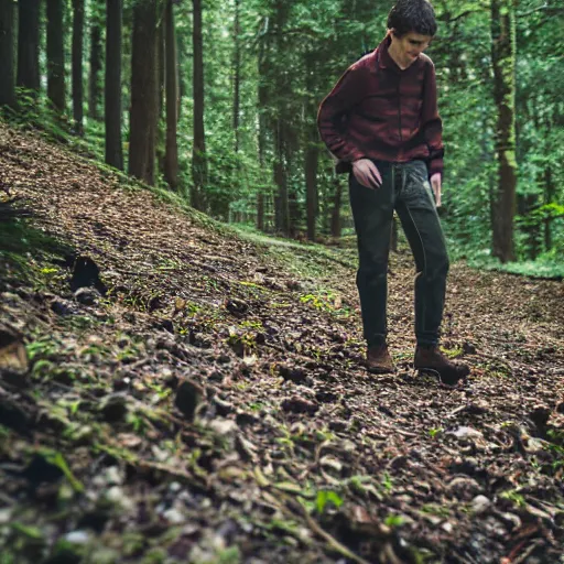 Prompt: Portrait of a young man looking for mushrooms. Deep shadows and highlights. f/2.0 ISO 800. Shutter speed 1/120 sec. Lightroom.