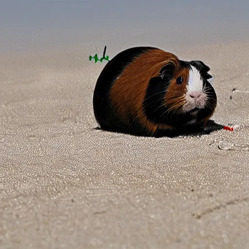 Prompt: a guinea pig using a metal detector on the beach, 4k photorealism