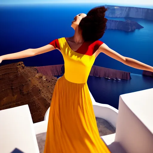 Image similar to beautiful modern dancer wearing a red and yellow and blue swirling dress, standing on a Santorini terrace looking down into the ocean, trending on Artstation, cinematic, octane render